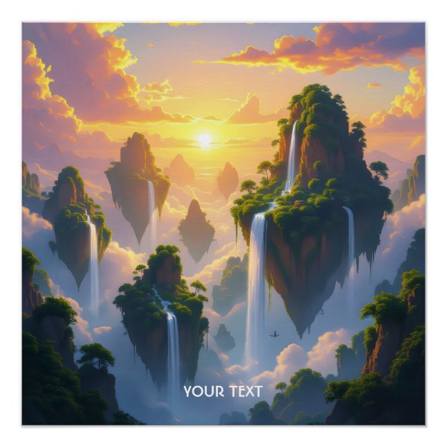 Fantasy Cute Sunset Islands Waterfalls Poster (Front)
