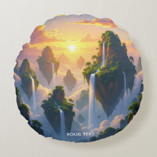 Fantasy Cute Sunset Islands Waterfalls Round Cushion