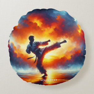 Fantasy Cute Sunset Karate Fighter Round Cushion