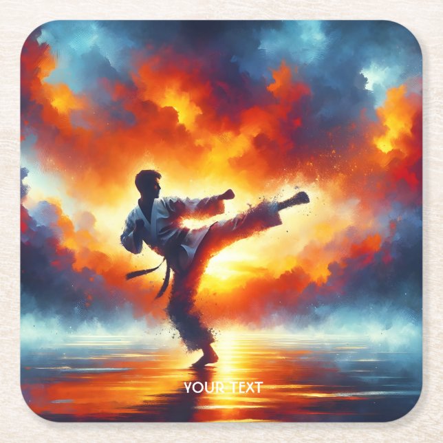 Fantasy Cute Sunset Karate Fighter Square Paper Coaster (Front)
