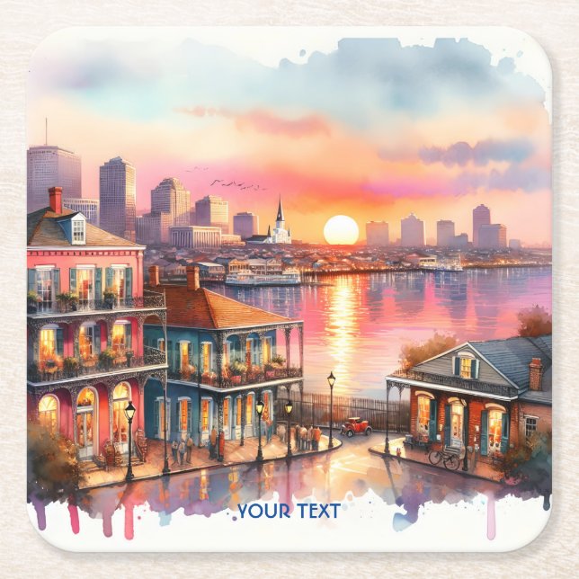 Fantasy Cute Sunset New Orleans View Square Paper Coaster (Front)