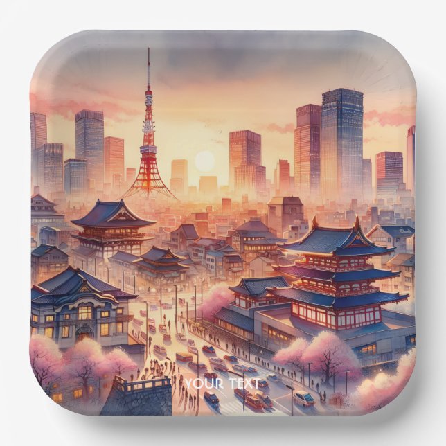 Fantasy Cute Sunset Tokyo View Paper Plate (Front)
