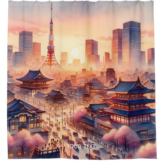 Fantasy Cute Sunset Tokyo View Shower Curtain (Front)