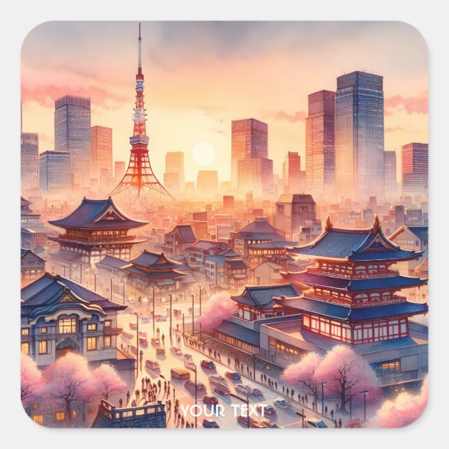 Fantasy Cute Sunset Tokyo View Square Sticker (Front)