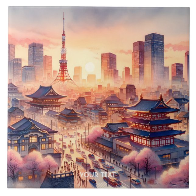 Fantasy Cute Sunset Tokyo View Tile (Front)