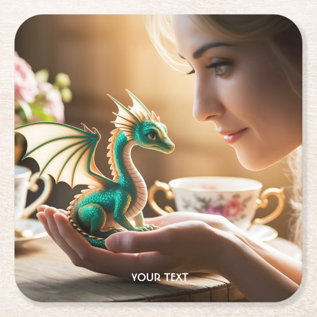 Fantasy Cute Tiny Iridescent Dragon Square Paper Coaster (Front)