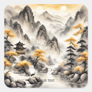 Fantasy Cute Traditional Japanese Landscape Square Sticker
