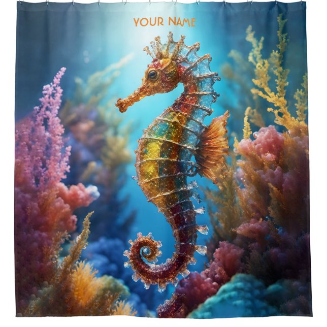 Fantasy Cute Transparent Crystal Seahorse Shower Curtain (Front)