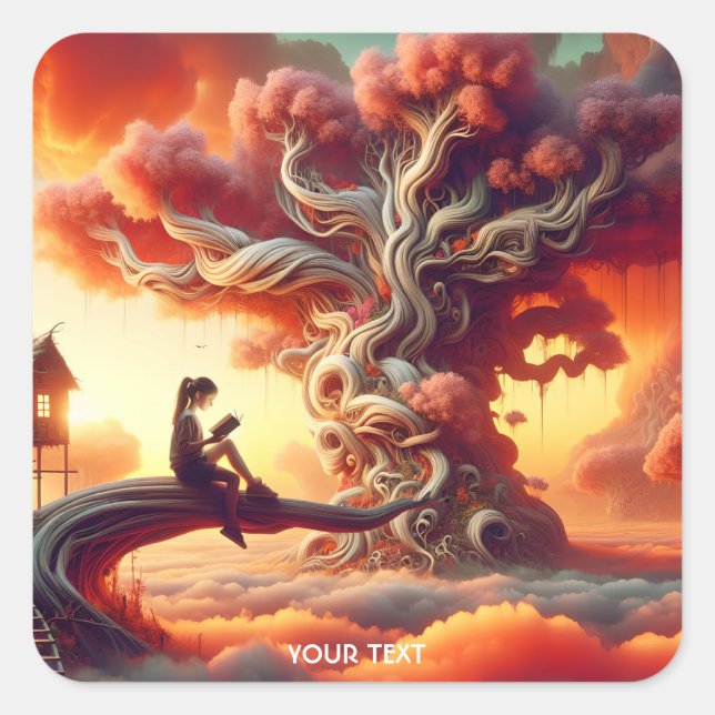Fantasy Cute Tree Girl Book Square Sticker (Front)
