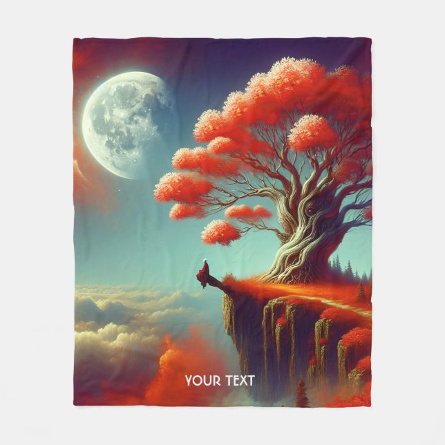 Fantasy Cute Tree Moon Clouds Fleece Blanket (Front)