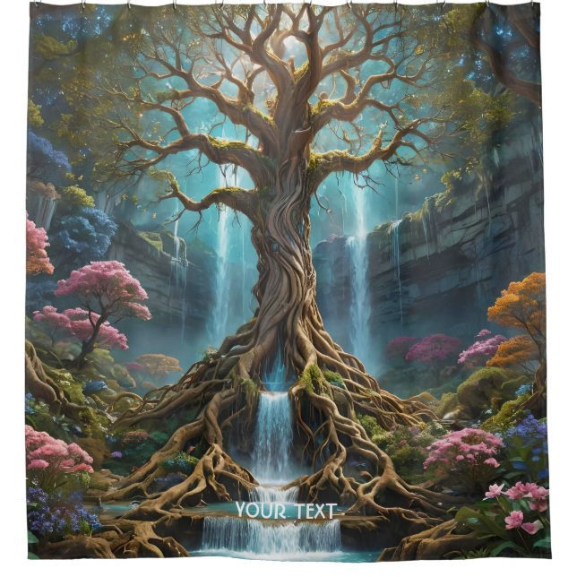Fantasy Cute Tree Waterfall Forest Shower Curtain (Front)