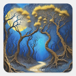 Fantasy Cute Trees Night Moon Square Sticker