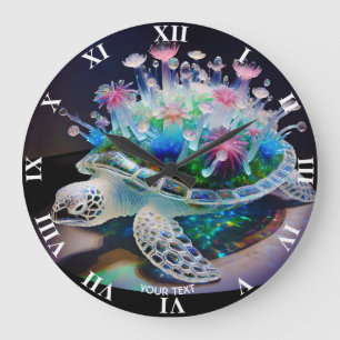 Fantasy Cute Turtle Glass Flowers Large Clock