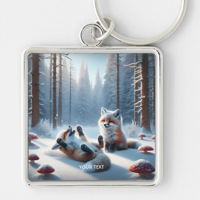 Fantasy Cute Two Baby Foxes Key Ring (Front)
