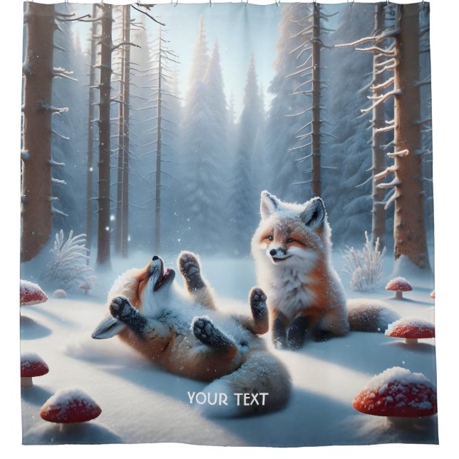 Fantasy Cute Two Baby Foxes Shower Curtain (Front)
