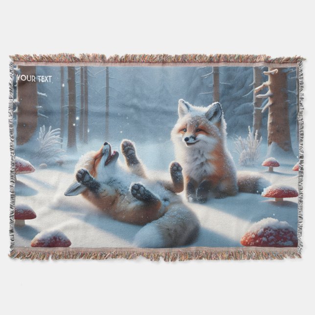 Fantasy Cute Two Baby Foxes Throw Blanket (Front)