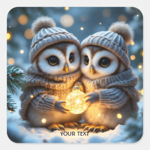Fantasy Cute Two Baby Owls Square Sticker