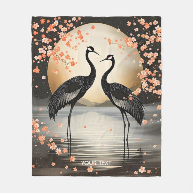 Fantasy Cute Two Black Cranes Fleece Blanket (Front)