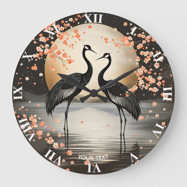 Fantasy Cute Two Black Cranes Large Clock (Front)