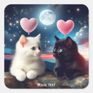 Fantasy Cute Two Kittens Hearts Square Sticker