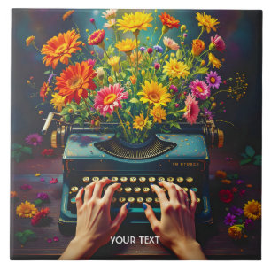 Fantasy Cute Typewriter Flowers Hands Tile