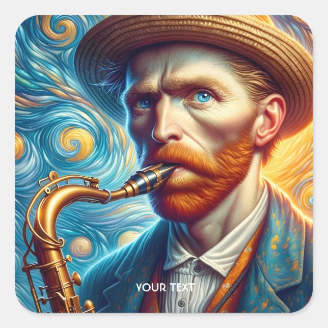 Fantasy Cute Van Gogh Saxophone Square Sticker (Front)