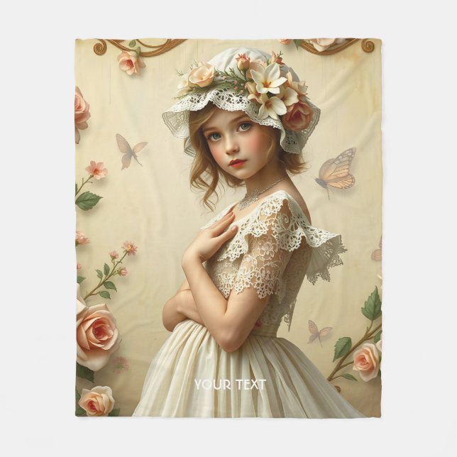 Fantasy Cute Victorian Girl Flowers Fleece Blanket (Front)
