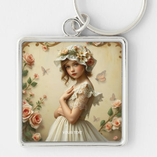 Fantasy Cute Victorian Girl Flowers Key Ring