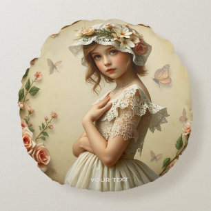 Fantasy Cute Victorian Girl Flowers Round Cushion