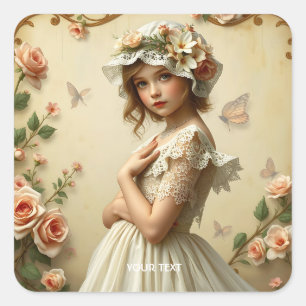 Fantasy Cute Victorian Girl Flowers Square Sticker