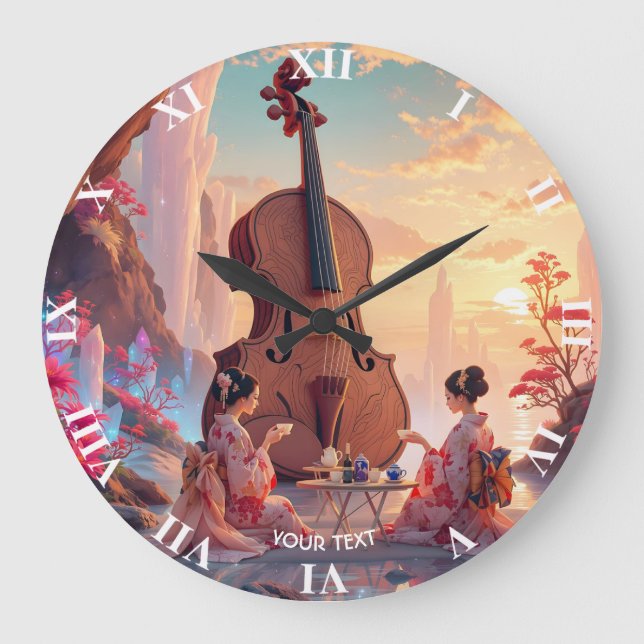 Fantasy Cute Violin Girls Tea Large Clock (Front)