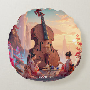 Fantasy Cute Violin Girls Tea Round Cushion