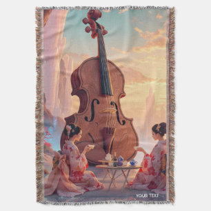 Fantasy Cute Violin Girls Tea Throw Blanket