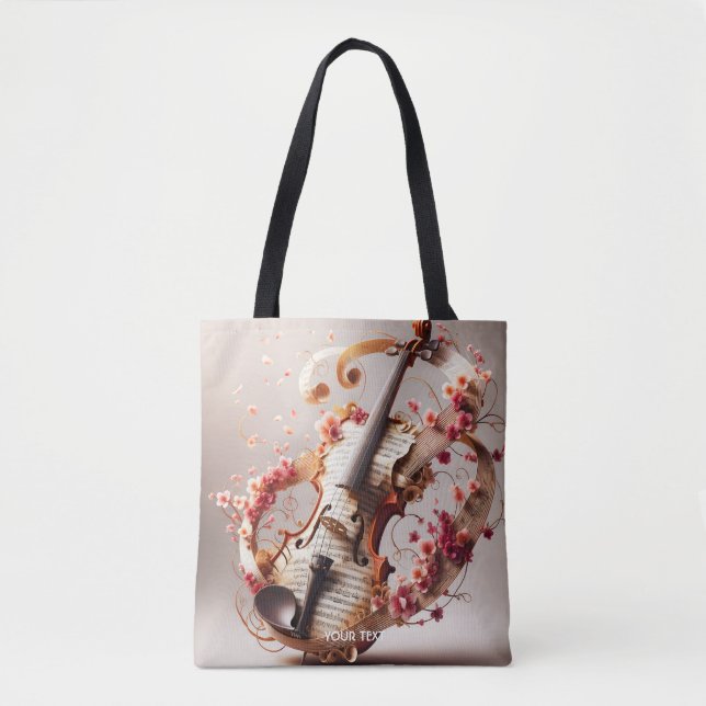 Fantasy Cute Violin Notes Flowers Tote Bag (Front)