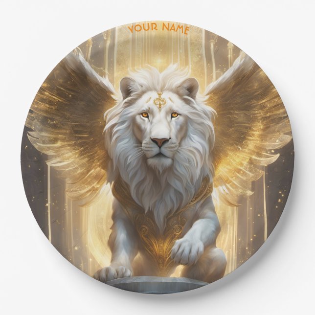 Fantasy Cute Vivid Angelic White Lion Paper Plate (Front)