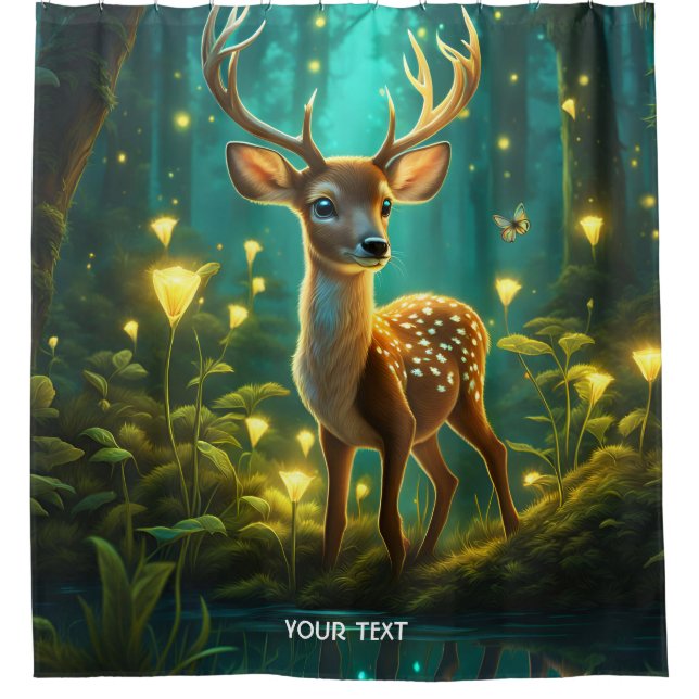 Fantasy Cute Vivid Baby Deer Forest Shower Curtain (Front)