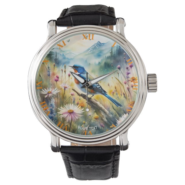 Fantasy Cute Vivid Bird Watercolor Landscape Watch (Front)