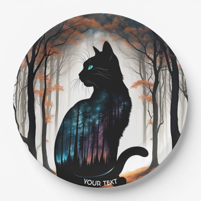 Fantasy Cute Vivid Black Cat Forest Paper Plate (Front)
