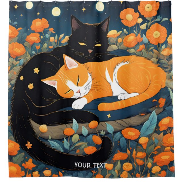 Fantasy Cute Vivid Black Orange Cats Shower Curtain (Front)