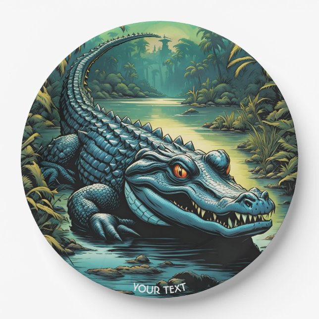 Fantasy Cute Vivid Cartoon Alligator Forest Paper Plate (Front)