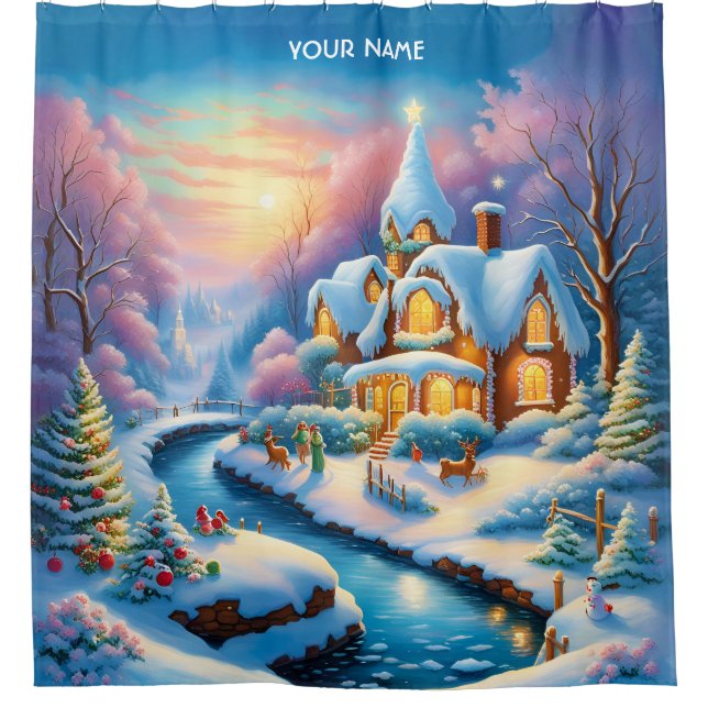 Fantasy Cute Vivid Christmas Fairytale Village Shower Curtain (Front)