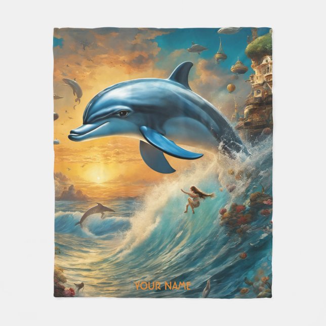 Fantasy Cute Vivid Flowers Jumping Dolphin Fleece Blanket (Front)