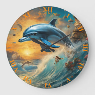Fantasy Cute Vivid Flowers Jumping Dolphin Large Clock
