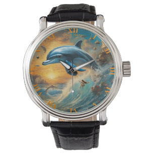 Fantasy Cute Vivid Flowers Jumping Dolphin Watch