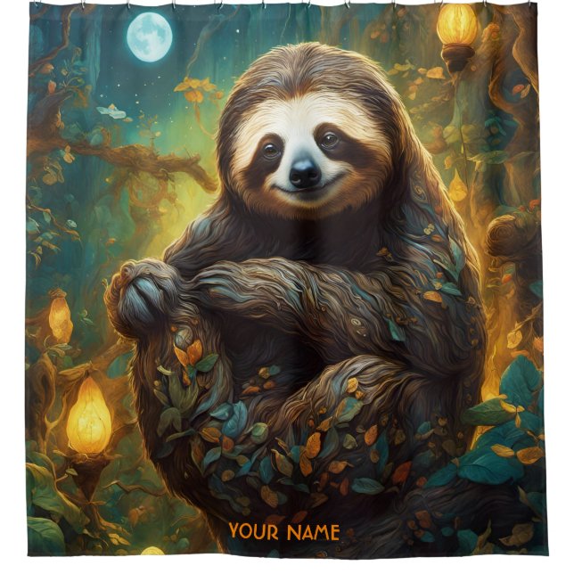 Fantasy Cute Vivid Flowers Majestic Sloth Shower Curtain (Front)