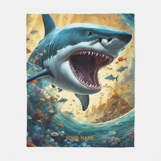 Fantasy Cute Vivid Flowers Shark Wave Fleece Blanket (Front)