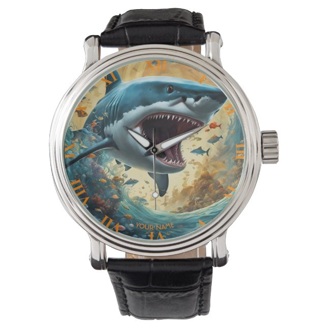 Fantasy Cute Vivid Flowers Shark Wave Watch (Front)