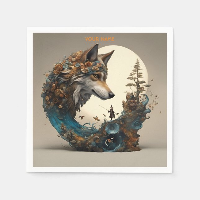 Fantasy Cute Vivid Flowers Wolf Wizard Napkin (Front)