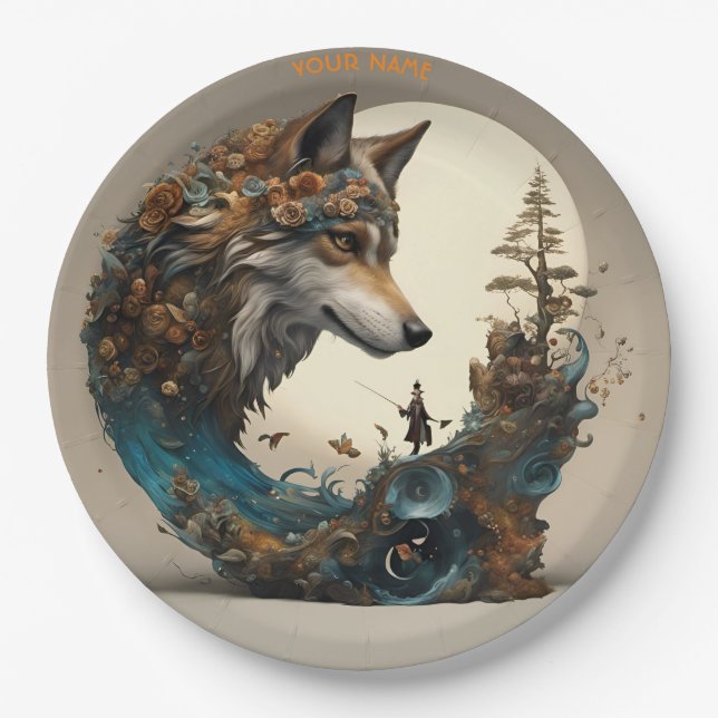 Fantasy Cute Vivid Flowers Wolf Wizard Paper Plate (Front)