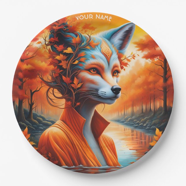 Fantasy Cute Vivid Fox Woman Wizard Paper Plate (Front)